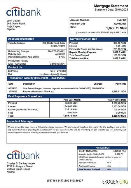 Modèle Word et PDF de relevé hypothécaire de la Citibank du Nigeria